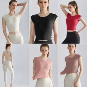 2PCS Ropa de entrenamiento de yoga y pilates sexy y atractiva para mujeres, top corto sin espalda con almohadillas + leggings de gimnasio