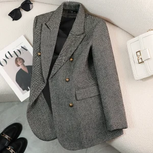 2024 Women's Gray Suit Coat High Quality Casual Outerwear for Spring Autumn Winter Thick Small Suit