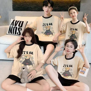 Pijamas a Juego para la Familia al por Mayor: Pijamas Familiares de Verano con Manga Corta y Pantalones Cortos, 100% Ropa de Algodón de Color Sólido Casual para el Hogar