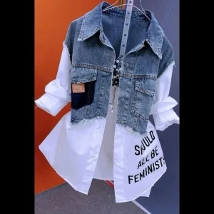 2026 New Style Denim Two-Piece Shirt with Stripes and Letter Design for Women - Trendy Long-Sleeved Outerwear Shirt