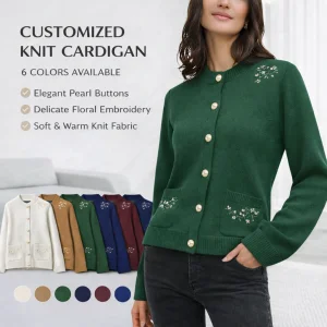 Custom Womens Cardigan Sweater Floral Embroidery Knitwear