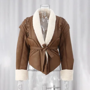 2025 Fashion Streetwear Winter Warm Short Faux Fur Lining Leather Coat