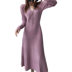 Womens v-neck button long sweater dress