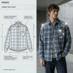 Custom Heavyweight Cotton Plaid Flannel Shirt | Vintage Wash Oversized Boxy Fit Men Streetwear Long Sleeve Shirt with Rhinestone