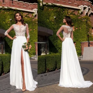 Vestido de novia de encaje de manga larga, vestido de boda de gasa blanca, ropa de mujer