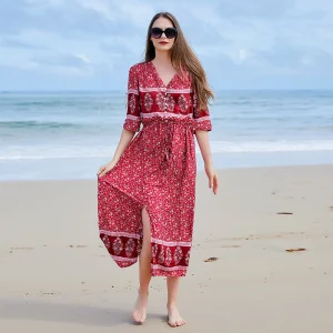 Vestido de vacaciones de playa con escote en V bohemio para mujeres de talla grande