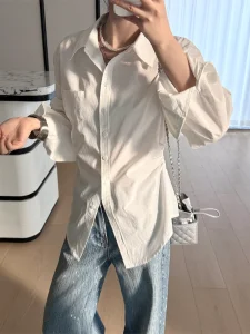 Custom Long Cotton White Long Sleeve Blouses Button up Tops Double Pleated Women Casual Turn Down Collar Shirt