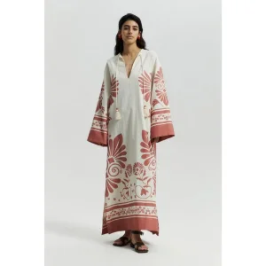 Vestido longo solto de linho floral