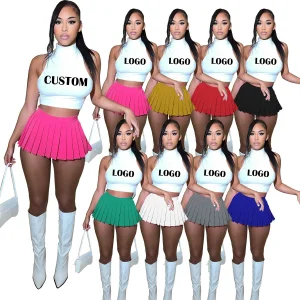 AD1356 Hot Sell New Arrivals Custom Summer Outfit Sleeveless Crop Top Women's Sets T Shirt Pleated Skirt 2 Piece Set Women