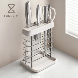 LANZYLO ODM Non-folding Stainless Steel Rectangular Standing Kitchen Knife Holder Shelf Multifunctional Countertop Tools Storage