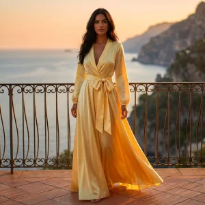 Custom Eid Al Adha Dress Butter Yellow Satin Maxi Abaya