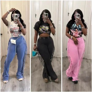 Women's Tassel Pants Trousers Acid Wash Street Stacked Sweatpants Soild Fringe Stretch Flare Cargo Pants Fall Clothes for Women