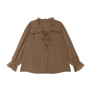 Women's Falbaba V-Neck Blouse and Tops with Long Puff Sleeve