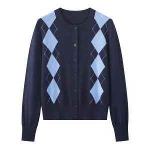 Women's Diamond Jacquard Crew Neck Knitted Cardigan