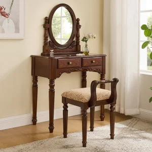 Vintage Solid Wood Vanity Dressing Table Set, Adjustable Oval Swivel Mirror Two Drawer Storage Carved Wood Makeup Desk Retro