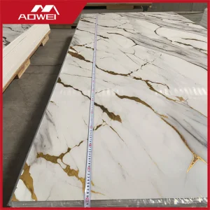 3D Embossed UV Coated Stone Plastic Composite Marble Sheet for Office Pantry Island Front