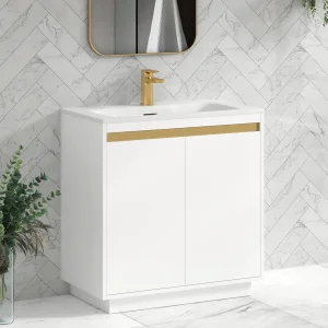 White Bathrooms Cabinet 800mm Floor Standing Brushed Brass Strip Vanity Unit