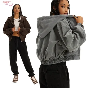460GSM 100%Cotton Vintage Tops De Mujer Gray Washed Women's Oversize Hoodie OEM Premium Zip up Cropped Plain Hooded Sweatshirt