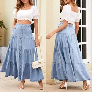 Women's New Fashion Vintage Button Denim Skirt Spliced Solid, Ankle-Length A-Line for Summer