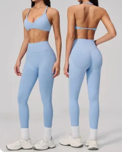 Conjunto de Yoga Sin Costuras al por Mayor 2 con Sujetador Halter de Cuello en V y Leggings de Cintura Alta