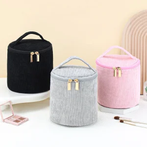 Promotional Cheap Price Women Beauty Accessories Storage Bag Zipper Closure Bucket Shape Corduroy Cosmetic Bag for Lady Makeup
