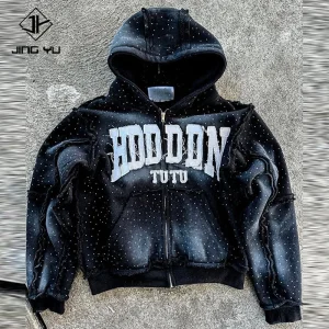 Custom Streetwear Zipper French Terry Thick Acid Wash Rhinestone Sun Faded Applique Embroidered Patch Mens Zip up Hoodies