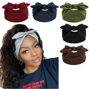 Knot Bunny Solid Color Elastic Ears Bow Headband Yoga Sports Sweatband Absorbent Headwrap