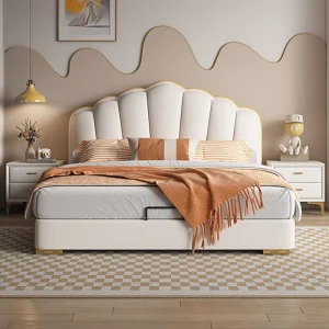 Mueble moderno y cómodo para el hogar y hotel a precio económico, cama de almacenamiento de tamaño doble en cuero de terciopelo suave para dormitorio