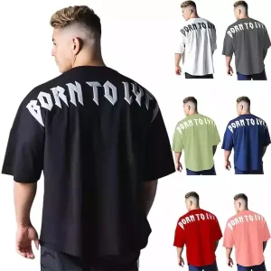 Camiseta Masculina de Fitness em Algodão Personalizado com Impressão em Espuma Puff Grande nas Costas, Ombro Caído, Streetwear Pesada, Camiseta Boxy Oversized
