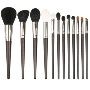 12 Pcs Professional Full Black Private Label Natural Goat Hair Eye Makeup Brushes Set Fan Brush Custom Logo High Quality Luxury