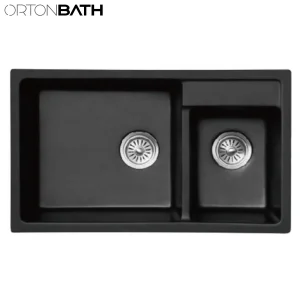 Ortonbath Double Bowl Black Silvery Granite Composite Kitchen Sink &amp; Waste Kit - 780 X 430mm