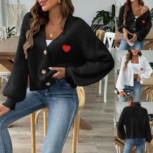 OEM Manufacturer's Women's Knitted Cardigan Sweater Casual Rib Open Front Blouse Coat Geometric Love Heart Embroidery Stocked