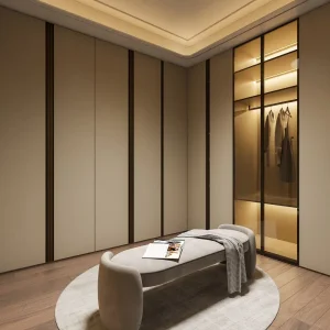 Custom Modern L-Shaped Corner Wardrobe with Open Shelves and Soft-Close Hinged Doors for Bedroom Storage