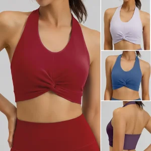 Roupas de treino sexy sem costas para fabricação original, sutiã esportivo com almofadas removíveis, blusa de exercício halter de nylon e spandex premium para mulheres