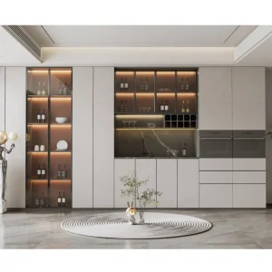Minimalist Plywood Buffet Sideboard with Glass Doors LED Light Strip Storage Organizer