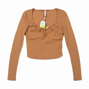 China Lenzing Viscose women’s long sleeve rib brushed knotted collar crop top Manufacturer, Supplier