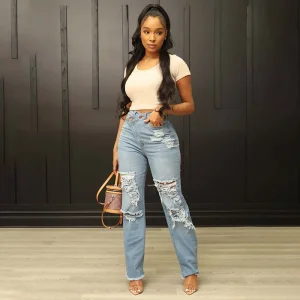 Women's Elastic Pants High Waisted Wide Leg Denim Jeans