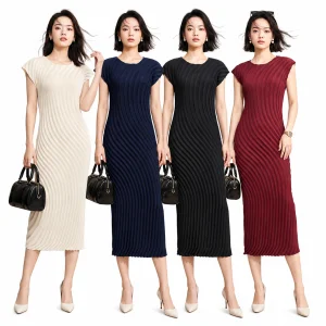 Vintage Minimalist Wave Pleat Midi Dress