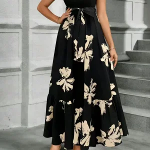 Vestido Casual Longo com Estampa Floral, Top com Recortes e Cinto na Cintura para Mulheres