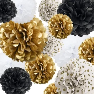 Black and White Gold Hanging Decorations Ceiling Wall Decor Tissue Paper POM Poms Kit