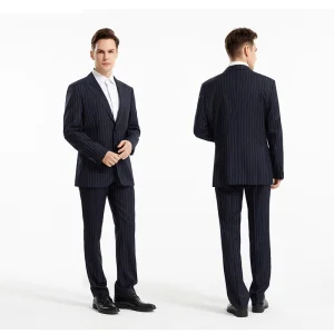 Navy Blue Striped Wool Polyester Mens Formal Suits