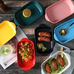 Colorful Glaze Ceramic Eco-Friendly Disposable PTFE Coated Baking Dish Set Double-Handle Tray Pizza Pan for Oven Home Kitchen