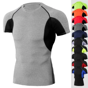 Camiseta de entrenamiento deportiva de manga corta ajustada para hombres, de secado rápido