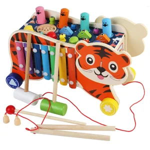 Montessori Educational Activity Toy 7 in 1 Wooden Pull Along Car Fishing Catching Music Hammer Pounding Toys for Kids Boys Girls