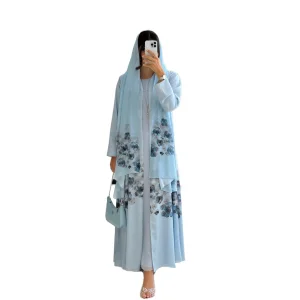 Wholesale Modest Gorgeous Casual Autumn/Winter Floor Length Satin+Chiffon Plus Size Printed Floral Front Open Long Sleeve 2