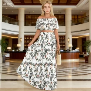 White Tropical Print off-Shoulder Two-Piece Maxi Dress Set