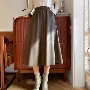 Women PU Flared Skirt High Waist Solid Midi