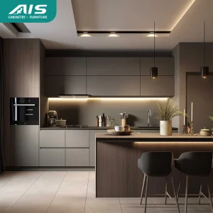 AIS 2025 Brown Wholesale Solid Wood Lacquer Kitchen Storage Cabinets From China Grey Luxury Kitchen Furniture Set with Island