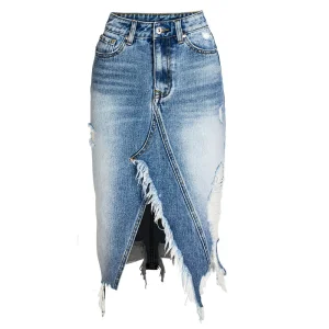 Ripped Denim Skirts Womens Asymmetrical Pencil