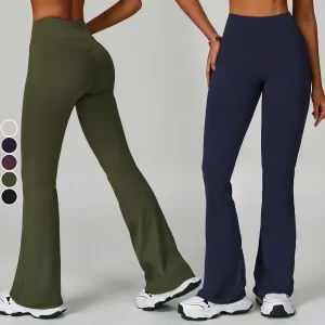 Women's High-Waisted Wide-Leg Flared Sports Pants with Push-Up Feature Solid Pattern Elastic Waist Closure Casual Running